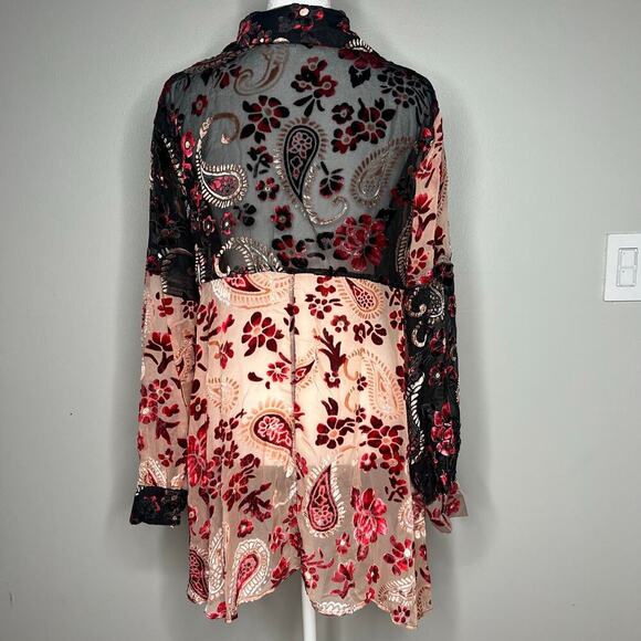 ADORE Crushed Velvet Burnout Paisley Tunic Top Size S Boho Artsy Sheer Lagenlook - Picture 7 of 13